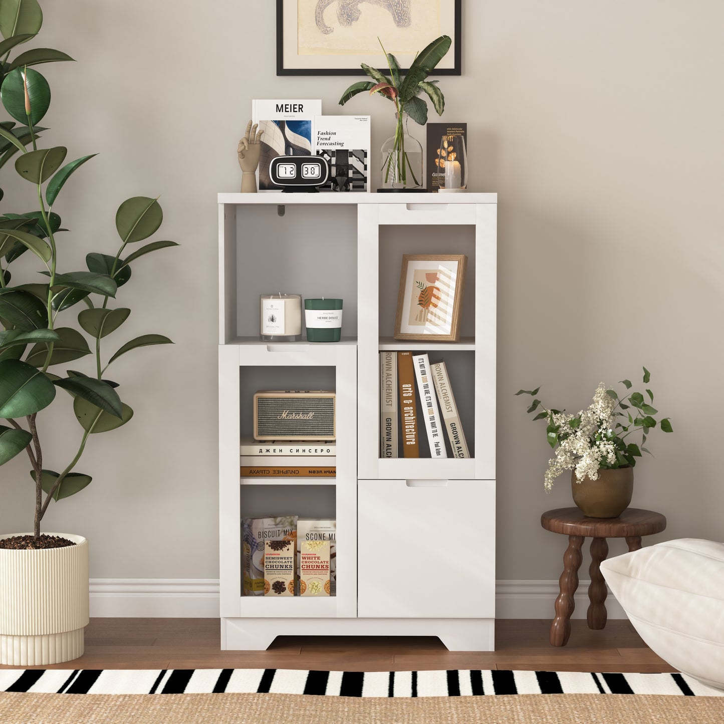 Kledingkast – Garderobekast – Opbergkast – Dressoir – Wit Gelakt MDF – Glazen Deuren – Ruime Lade – Compact & Modern