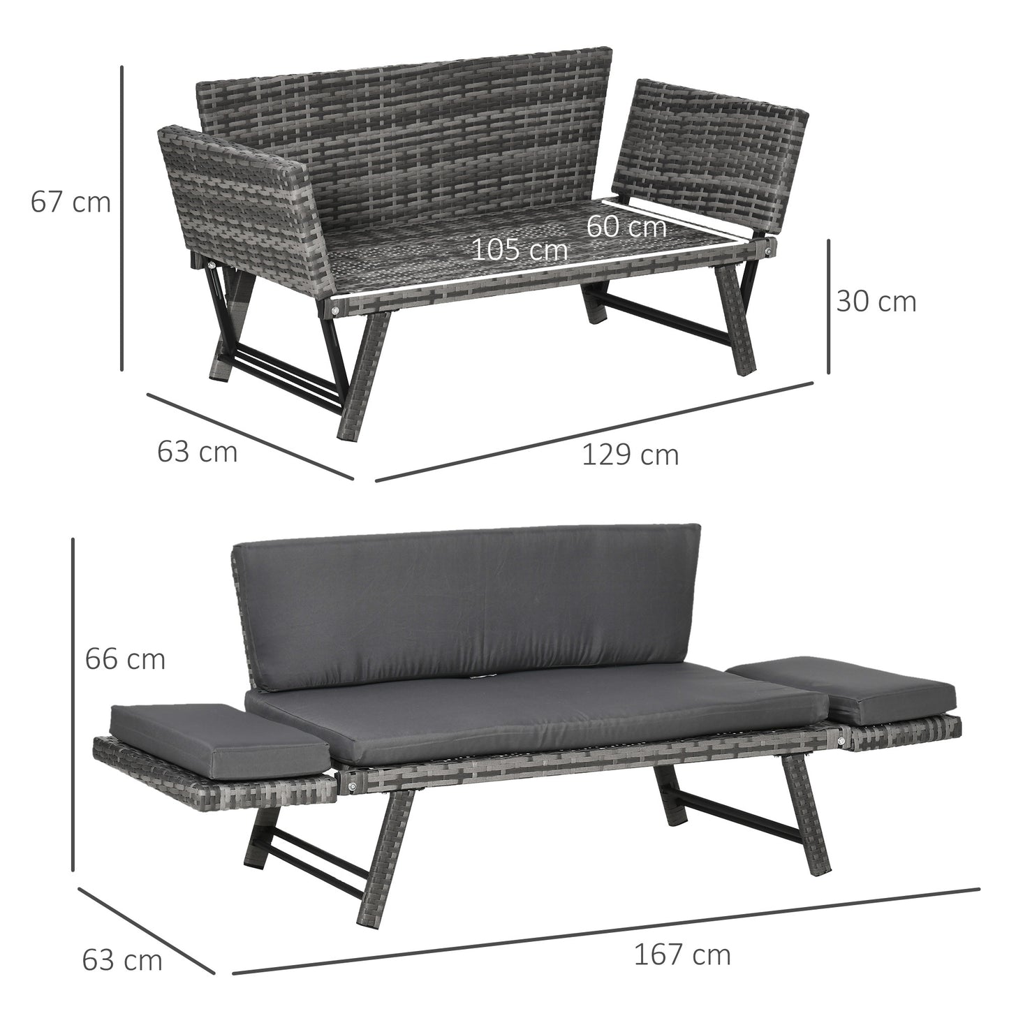Loungeset – Tuinset – Tuinbank – Zitgroep – Loungesofa – Polyrotan – 2-Zits – Klapbare Armleuningen – Stalen Frame – Bruin – 129x63x67 cm