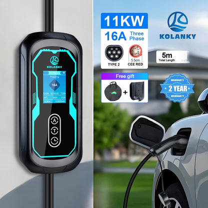 11 kW EV-lader – Elektrische Auto Oplader – Type 2 Laadpaal – Mobiele EV Charger – Snel Opladen – 16A 3-Fase 220-240V – Draagbaar Met EU-Stekker – Wandmontage Mogelijk