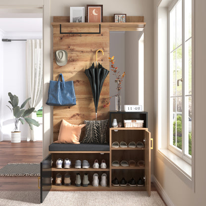Wandgarderobe – Halmeubel – Schoenenkast – Kapstok – Opbergkast – Zwart MDF Met Houtaccenten – Spiegel – Schoenenbank – Ruimtebesparend Design – 191,5x105x40 cm
