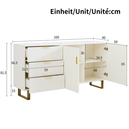 Spiegel en Sideboard Set – Wandspiegel – Dressoir – Opbergmeubel – Kastje – Wit met Gouden Accenten – 80x80 cm Spiegel – 3 Lades en 2 Deuren