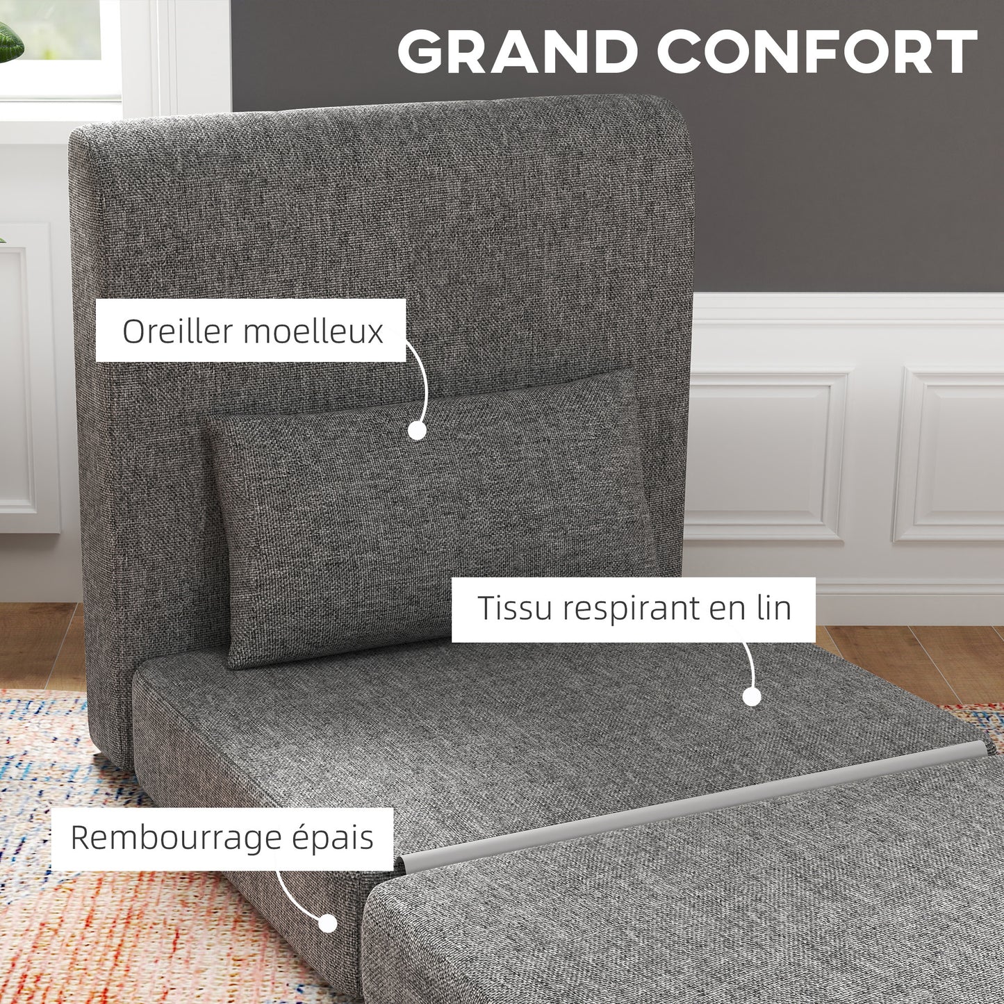 Fauteuil Bedstoel – Zitzak – Relaxstoel – Bank – Slaapfauteuil – Grijs Linnen – Inclusief Kussen – Draagkracht 240 Kg