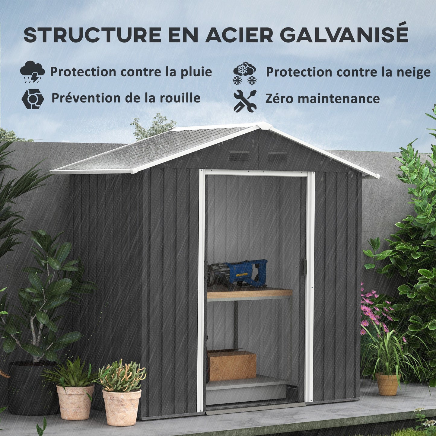 Metalen Tuinschuur – Tuinberging – Tuingereedschap Opslag – Tuinbox – Buitenopslag – 2,1 m² Ruimte – Ventilatie Met 4 Openingen – Dubbele Schuifdeuren Met Slot – Donkergrijs