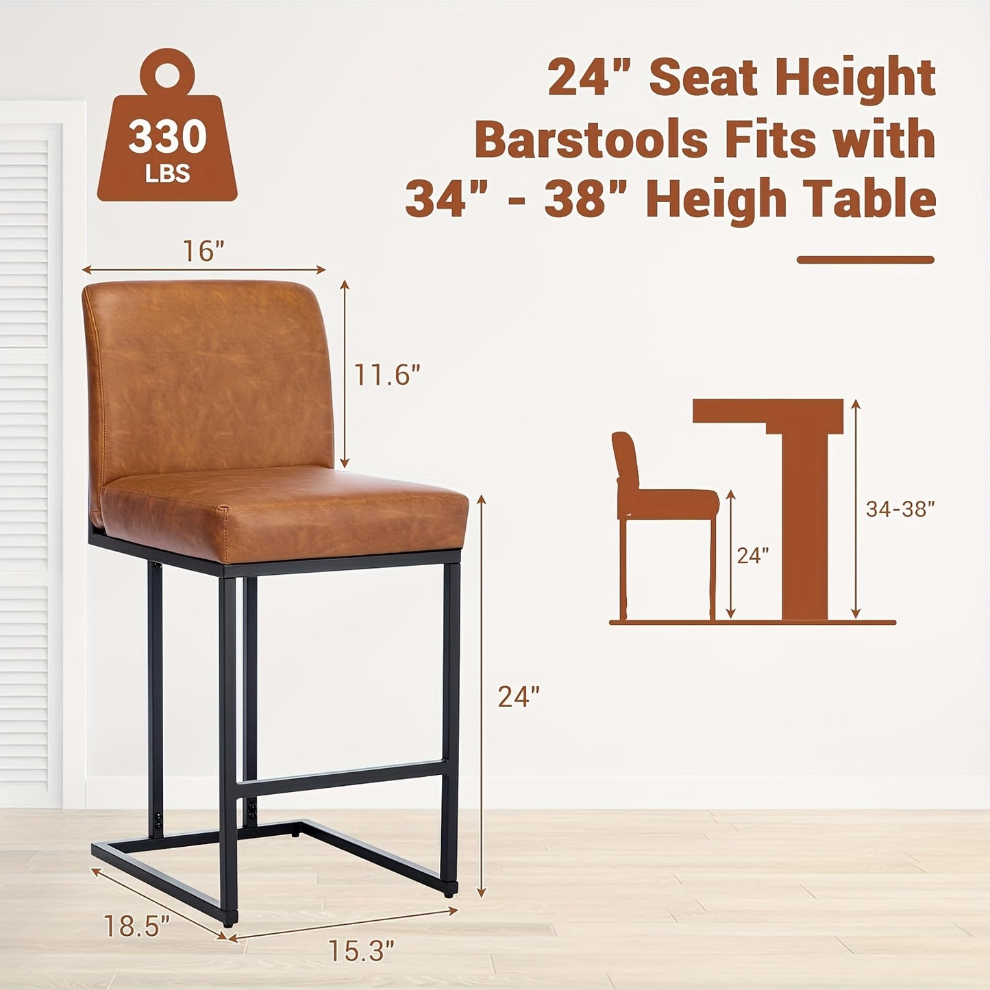 Barstoel – Barkruk – Barstoel Met Rugleuning – Keukenstoel – Barkrukken Set Van 2 – PU Leer Zitting – Stabiel Zwart Metaal Frame – Zithoogte 60,96 cm – Comfortabel Met Voetensteun