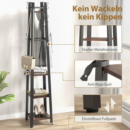 Kapstok – Garderoberek – Schoenenrek – Jasstandaard – Opbergrek – Industrieel Metaal & Hout – 4-Lagen Met 8 Haken – Stevige A-Frame Constructie 99,79 KG Draagvermogen