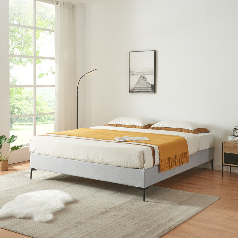 Tweepersoonsbed – Bedframe – Opbergbed – Gestoffeerd Bed – Platformbed – Lichtgrijs – Multiplex Frame Met Metalen Poten – Lattenbodem Inclusief