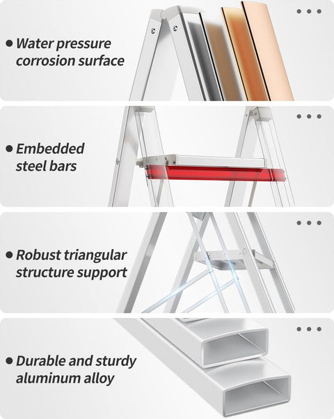 3-staps ladder - aluminium opvouwbaar opstapje - trapladder - 3-staps opvouwbare staande ladder - antislip - maximaal draagvermogen 150 kg - draagbaar lichtgewicht opstapje (zilver-wit)