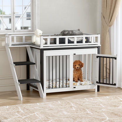 Hondenhok – Hondenhuis – Hondenkennel – Huisdierhuis – Hondenbench – Dubbel Houten Huisje Met Trap – Geschikt Voor Middelgrote En Grote Honden – Duurzaam Wit Design 120x56x65 cm