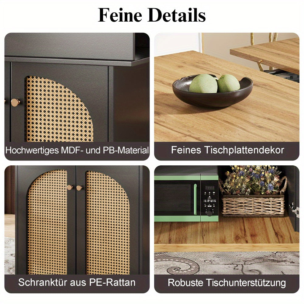 Uittrekbare Eettafel – Uitschuifbare Tafel – Uitklapbare Keukentafel – Multifunctionele Eettafel – Ruimtebesparende Tafel – Zwart Met PE Rotan Deuren – 110-140x80 cm – Geschikt Voor 4-6 Personen
