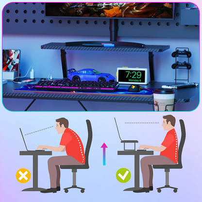 Gaming Tafel – Game Bureau – Werkplek Bureau – Gaming Desk – Computer Tafel – Zwart – Ergonomisch Design – Carbon Fiber Bovenblad – 150x90-40x75 cm – 150 kg Draagvermogen – Inclusief Controllerhouder & Koptelefoonhaak