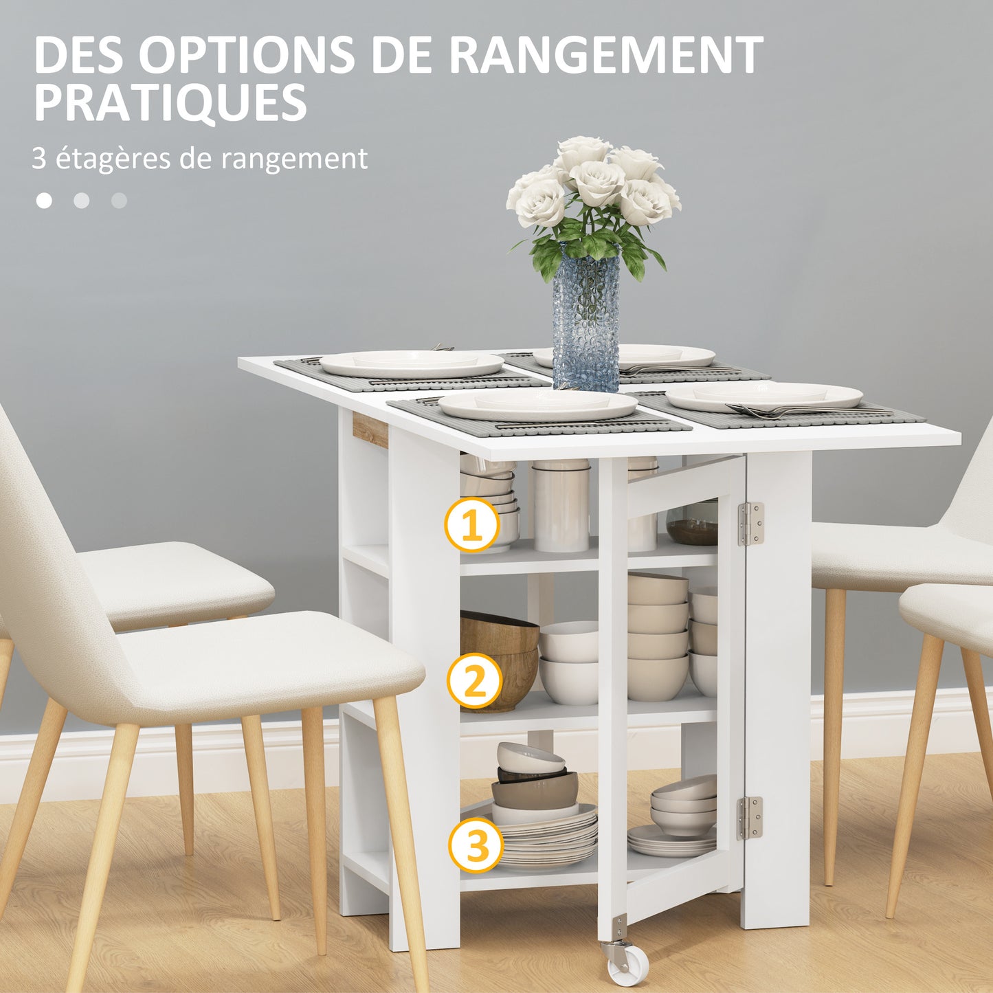 Opvouwbare Eettafel – Klaptafel – Keukentafel – Wieltjes Trolley – Inklapbare Tafel – Moderne Compacte Ontwerp – 120x60x75 cm – Met 2 Uitklapbare Bladen & 3 Planken – Wit