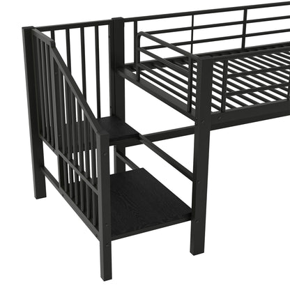 Elevated Storage Stair Bed, Black | Metal Contemporary Style, Assembled, No Electricity Required