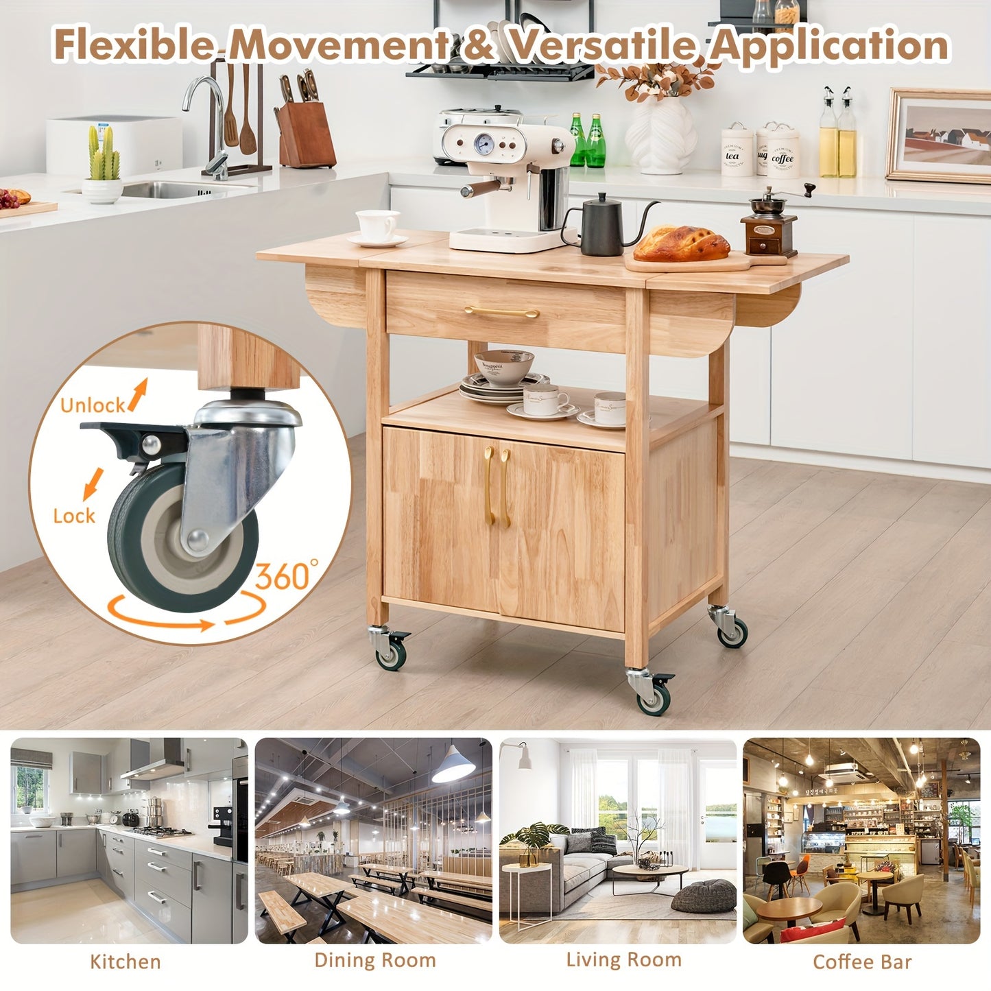 Keukentrolley – Keukenkarren – Serveertrolley – Werkbladwagen – Opbergwagen – Uitschuifbaar Werkblad – Stevig MDF Hardhout – 114x51x88 cm