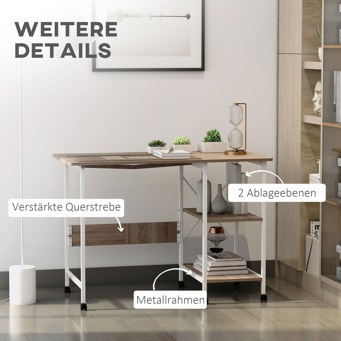 Bureautafel – Schrijftafel – Computerbureau – Inklapbaar Bureau – Mobiel Bureau Op Wieltjes – MDF Natuurlijk – Werkblad 107 x 55 cm