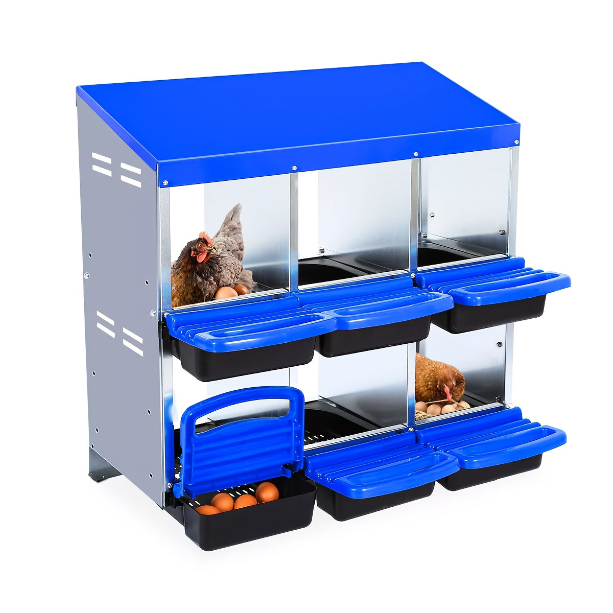 6/8/10-Hole Heavy-Duty Metal Chicken Nesting Boxes with Roll-On Egg Collection System, Ventilation Holes & Keylock Installation - All-Weather Durable Laying Boxes with Removable Trays & Egg Storage for Hens, Ducks, Geese - Ea