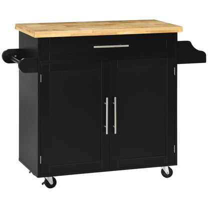 Keukentrolley – Serveerwagen – Keukenwagen – Opbergtrolley – Keukenrek – Met Kruidenrek & Handdoekhouder – Zwart MDF & Rubber Werkblad 109x40x89 cm