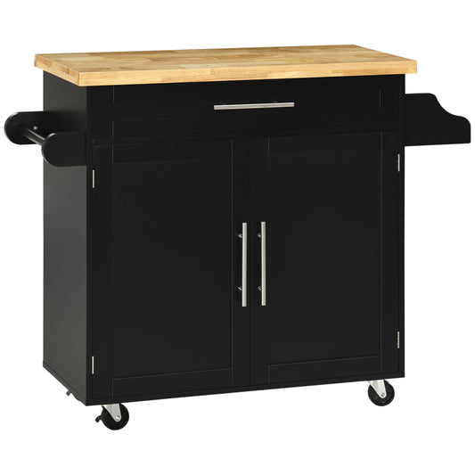 Keukentrolley – Serveerwagen – Keukenwagen – Opbergtrolley – Keukenrek – Met Kruidenrek & Handdoekhouder – Zwart MDF & Rubber Werkblad 109x40x89 cm