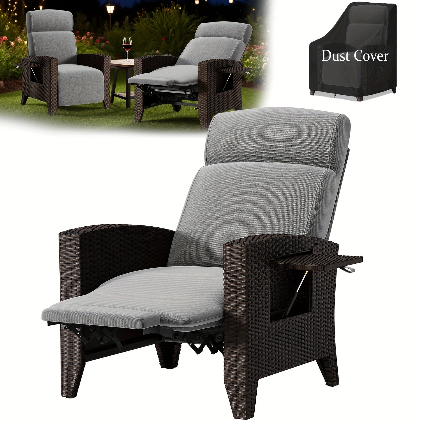 Loungestoel – Fauteuil – Tuinstoel – Relaxstoel – Schommelstoel – Verstelbare Rugleuning – Inklapbare Zijtafel – Rattan Metalen Frame – Draagvermogen 200 Kg