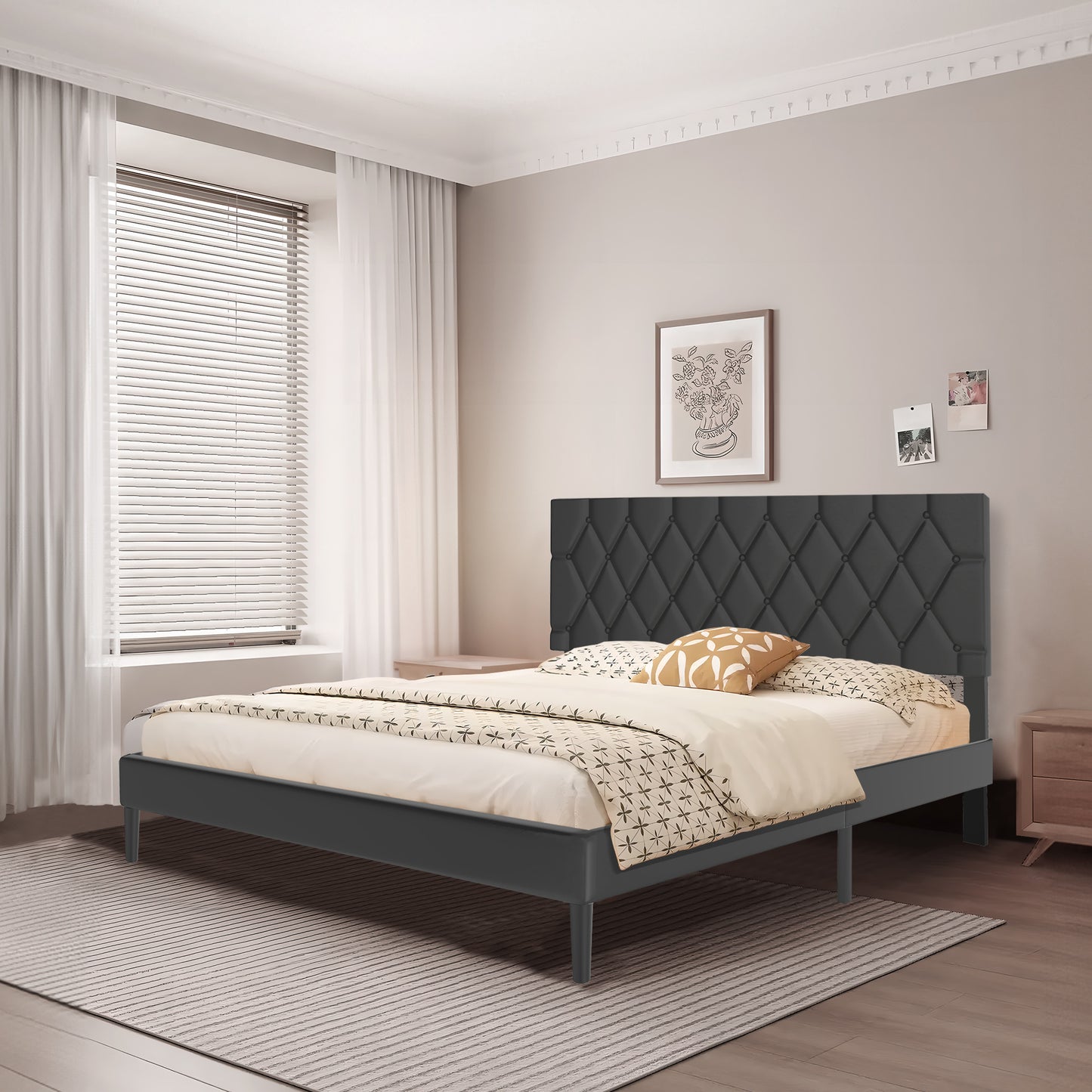 Gestoffeerd Ledikant – Bed – Bedframe – Slaapbank – Ledikant Zwart – Imitatieleren Bekleding – 90x200 Cm – Houten Lattenbodem – Modern Design