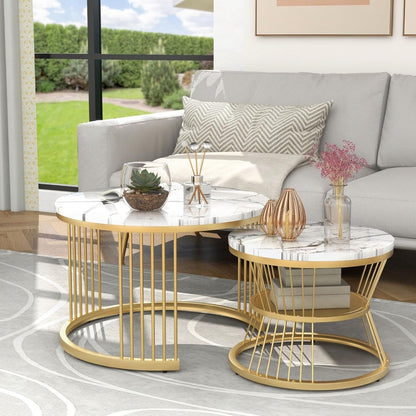 Ronde Bijzettafels – Salontafel – Side Table – Nesting Tafels – Accenttafel – Wit Marmerlook – MDF Metalen Onderstel – Compact & Ruimtebesparend