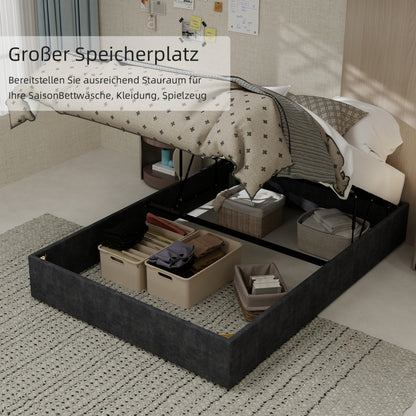 Bedframe – Ledikant – Slaapbank – Platformbed – Opbergbed – Modern Minimalistisch Design – Gasveren Opbergruimte – Dutch Velvet Hoofdeinde 140x200 cm – Eenvoudige Montage – Duurzaam Zonder Elektriciteit