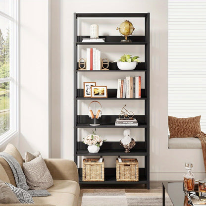6-Lagens Boekenkast – Open Boekrek – Boekenplank – Opbergkast – Hoekboekenkast – Stijlvol Zwart Metaal & Hout – Draagkracht 136 kg – Ruimtebesparend Modern Design