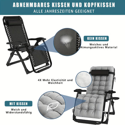 Inklapbare Loungestoel – Campingstoel – Tuinstoel – Balkonstoel – Relaxstoel – Verstelbare Rugleuning – Uitneembare Kussens – Stevig Metalen Frame – Inclusief Hoofdsteun en Zijtafel – Silvery 65 cm