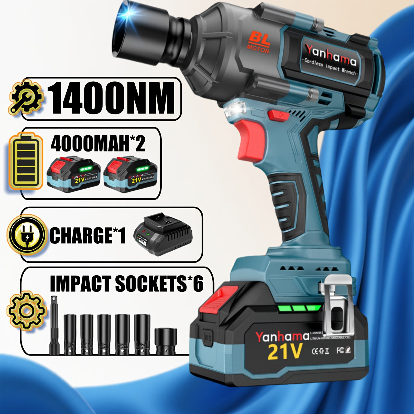 Slagschroevendraaier – Slagmoersleutel – Accu Slagschroefmachine – Impact Wrench – Elektrische Slagschroevendraaier – 1400Nm Koppel – 21V Dual 4000mAh Lithium-Ion Accu’s
