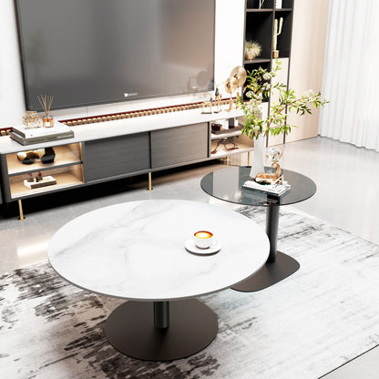 Ronde Salontafel Set – Bijzettafel – Nestbare Tafels – Koffietafel – Woonkamer Tafel – Wit Sintered Stone & Grijs Glas – Zwart Metalen Frame – Krasbestendig & Compact