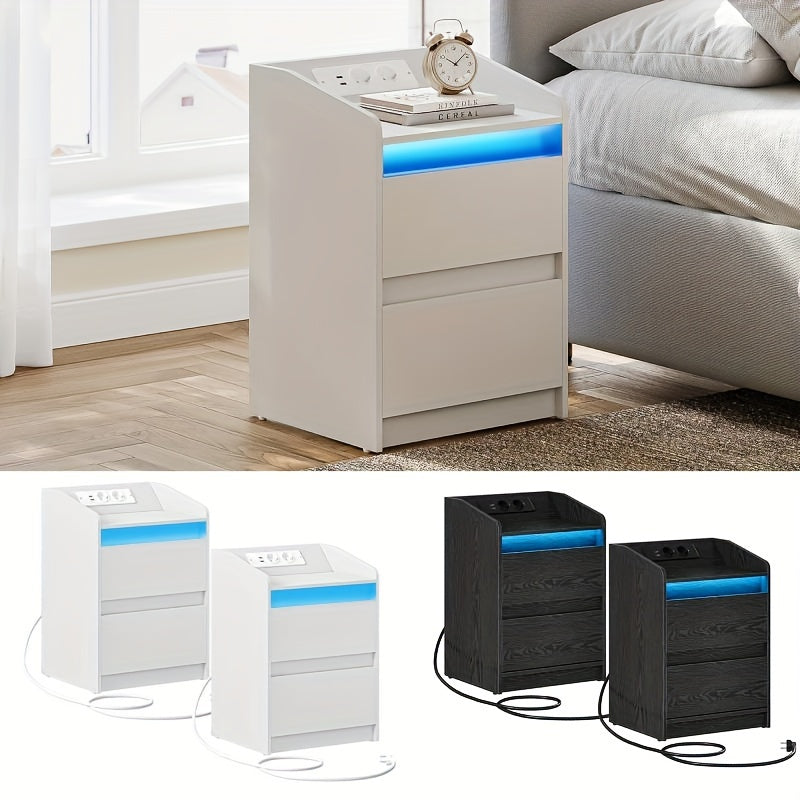 Nachtkastje – Nachtkastjes – Bijzettafel – Opbergkastje – Wandkast – Set van 2 – LED-verlichting – USB Oplaadstation – Zwart – 35x40x58 cm – Spaanplaat