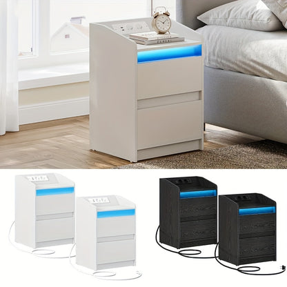 Nachtkastje – Nachtkastjes – Bijzettafel – Opbergkastje – Wandkast – Set van 2 – LED-verlichting – USB Oplaadstation – Zwart – 35x40x58 cm – Spaanplaat