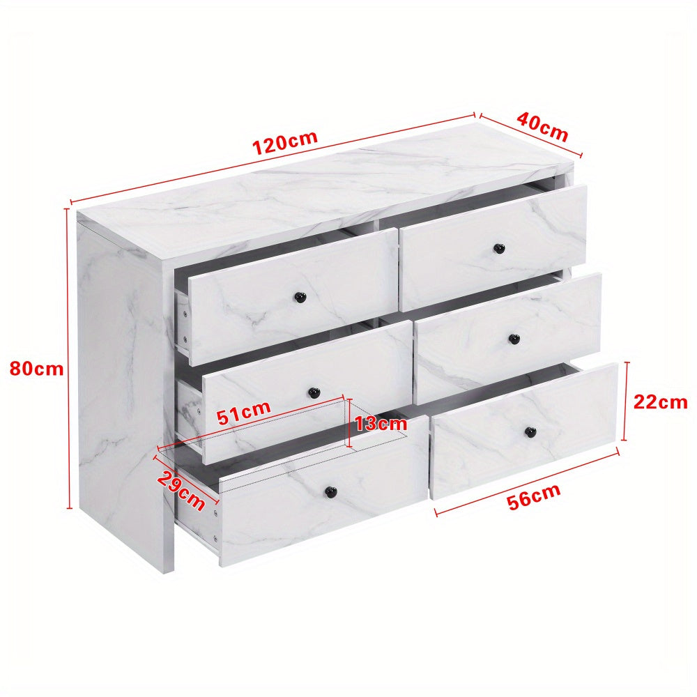 Opbergkast – Kast – Ladenkast – Bergkast – Dressoir – Wit Met Marmerlook – 120 cm Breed – Zes Lades Met Anti-Kantelmechanisme