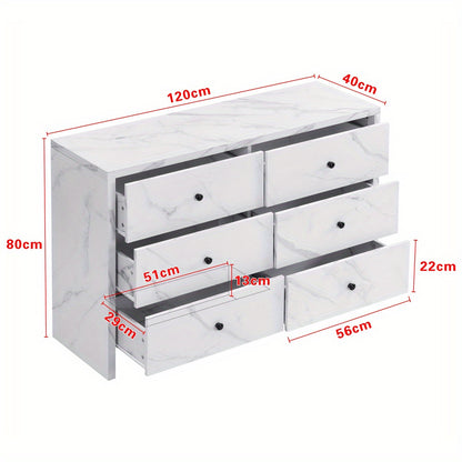 Opbergkast – Kast – Ladenkast – Bergkast – Dressoir – Wit Met Marmerlook – 120 cm Breed – Zes Lades Met Anti-Kantelmechanisme