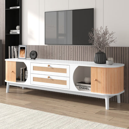 Wood Blend TV Meubel – TV Kast – TV Stand – Entertainment Unit – TV Dressoir – Rattan Zijkanten – Natuurlijke Landelijke Stijl – Met Deuren En Lades
