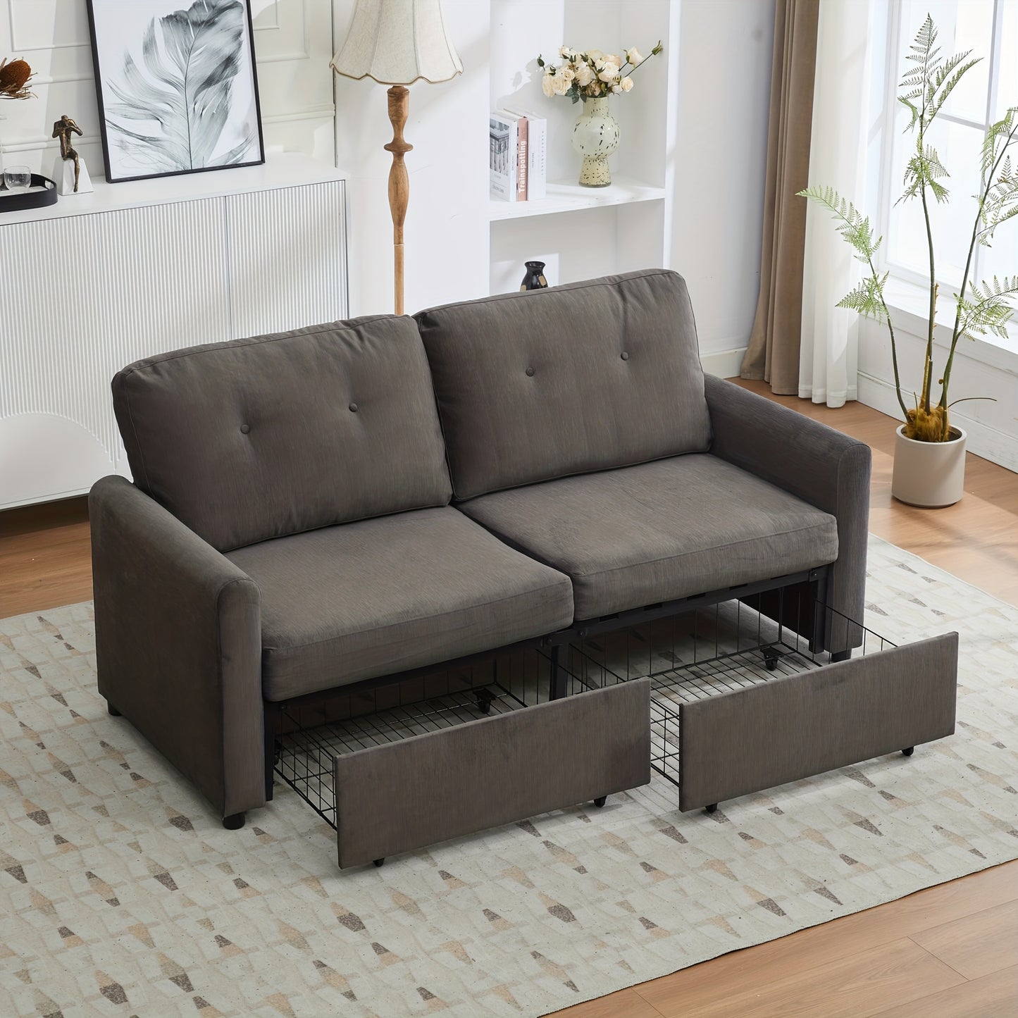 Tweezitsbank – Compacte Bank – Minimalistische Sofa – Stijlvolle Couch – Tweepersoonsbank – Opberglade – Duurzaam Bamboe – Donkergrijs