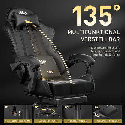 Gamingstoel – Bureaustoel – Computertoel – Werkstoel – Zwarte Grijs Variant – Verstelbare Rugleuning & Voetensteun – Memory Foam Lendensteun