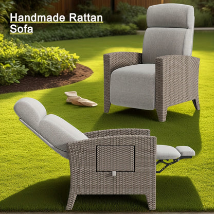 Designer Rattan Sofa & Chair Set - Ergonomic Memory Foam Cushion, Adjustable 160° Reclining Backrest, All-Weather Wicker Patio Furniture with Integrated Side Table, Removable Cushion Cover - Heavy-Duty Outdoor Garden Chair f