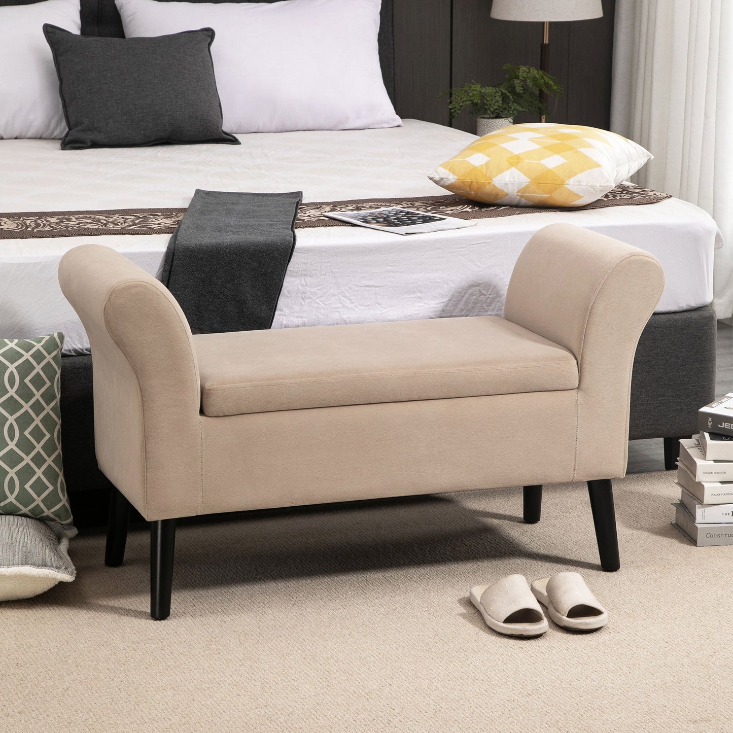 Opbergbank – Opbergbankje – Bankje – Zitbank – Opbergmeubel – Beige – Fluweel Polyester – Stevige Rubberen Poten – 111,5x41x65 cm