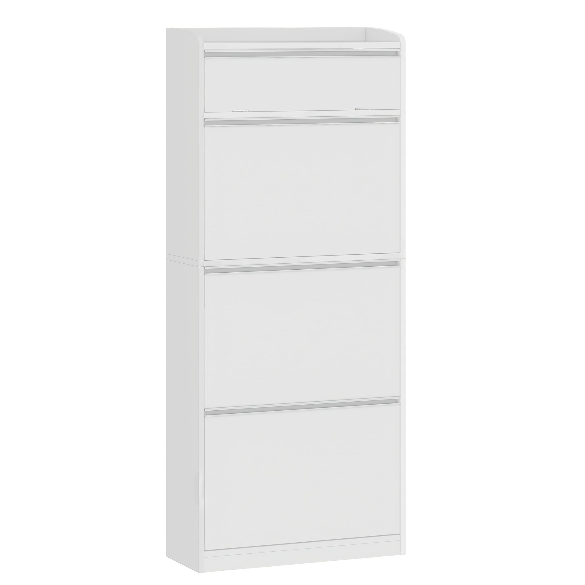 Shoe Cabinet with 3 Drop-down Doors, Shoe Storage Unit, Narrow Shoe Chest with 1 Drop-down Shelf, for 12-18 Pairs Of Shoes, Adjustable Shelves, for Hallways, Entryways, 60 X 24 X 145cm, White - QUORE