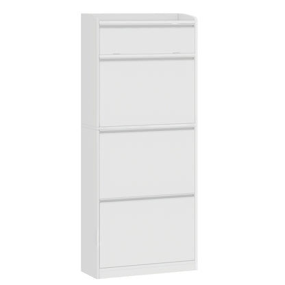 Shoe Cabinet with 3 Drop-down Doors, Shoe Storage Unit, Narrow Shoe Chest with 1 Drop-down Shelf, for 12-18 Pairs Of Shoes, Adjustable Shelves, for Hallways, Entryways, 60 X 24 X 145cm, White - QUORE