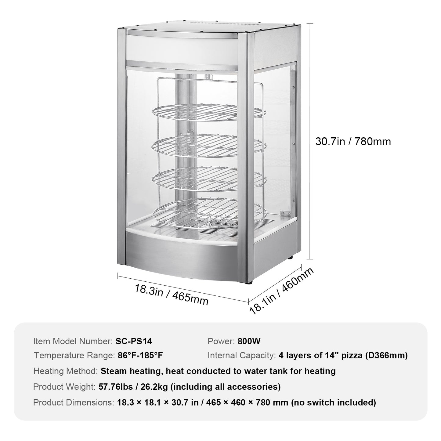 Pizza Warmer – Pizza Warmhoudkast – Pizza Display – Food Warmer – Warmhoudkast – 4-Laags Roestvrij Staal – Stoomfunctie Tegen Uitdroging