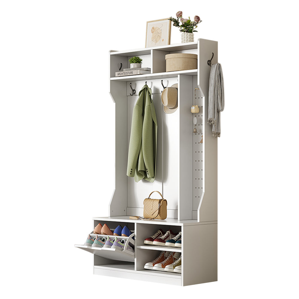 Garderobekast – Kledingkast – Halmeubel – Opbergkast – Kapstok – Wit – Met Bankje – 6 Haken – Ruimtebesparend – Eenvoudige Montage Zonder Gereedschap – 100x186x40 cm