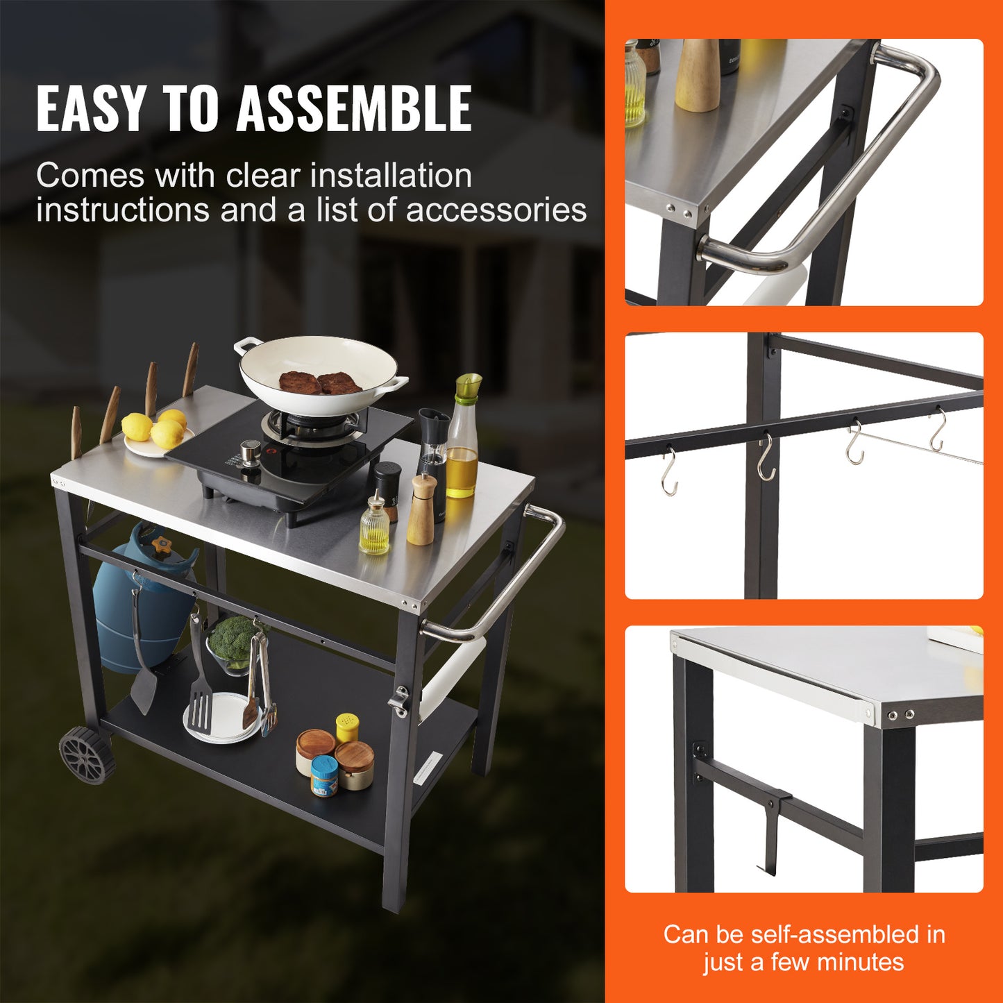BBQ Werktafel – Barbecue Tafel – Grilltafel – Buitenkeuken Trolley – Werkbank Buiten – Roestvrijstalen Blad – Dubbele Plank – 85x55 cm – Verrijdbaar Met 2 Wielen
