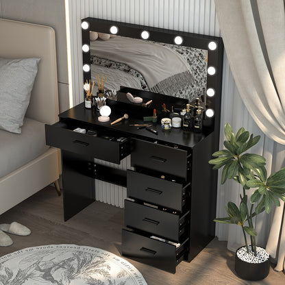 Kaptafel – Make-up Tafel – Dressing Table – Cosmeticatafel – Kapcommode – Massief Houten Zwart – Verlichte Spiegel Met 3 Lichtstanden – Ruime Lades