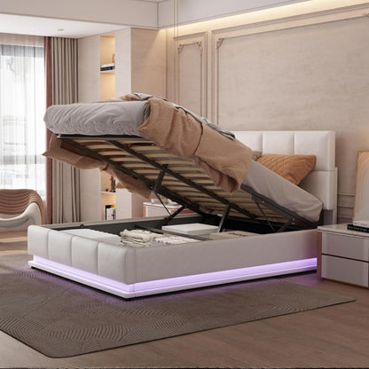 Tweepersoonsbed – Opbergbed – Boxspringbed – Led Bed – Kunstleren Bed – Wit – Met LED-Verlichting – 35 cm Opbergruimte