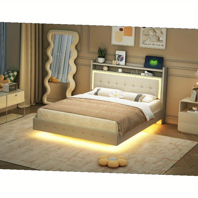 Bed – Eenpersoonsbed – Tweepersoonsbed – Boxspring – Opbergbed – 140x200 cm – Linnen Bekleding – Verborgen Onderstel