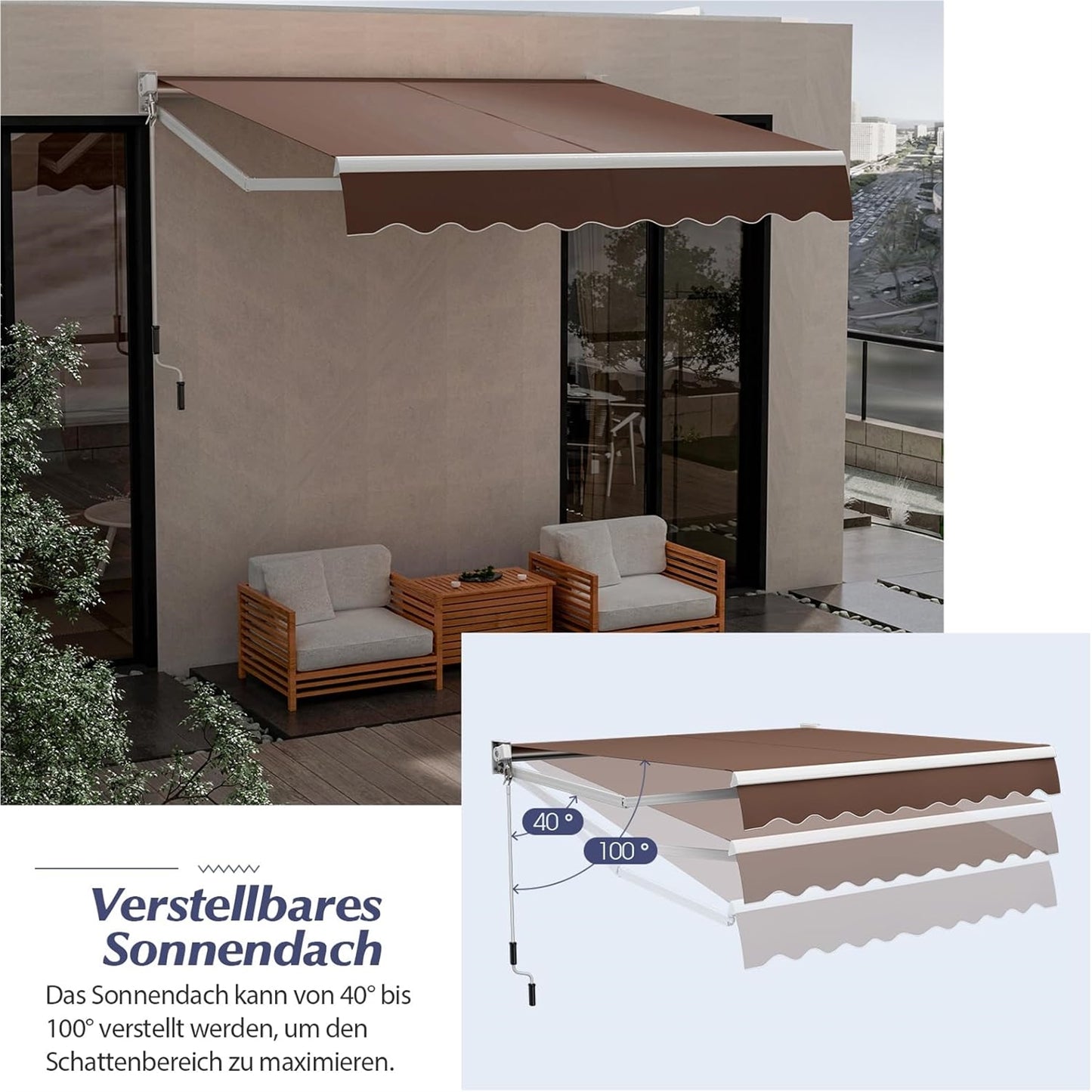 Articulated Arm Zonnescherm – Zonwering – Balkon Zonwering – Terras Zonnescherm – Klemzonnescherm – UV- en Waterbestendig – Aluminium Frame met Slinger – Bruin – 3 x 2,5 Meter