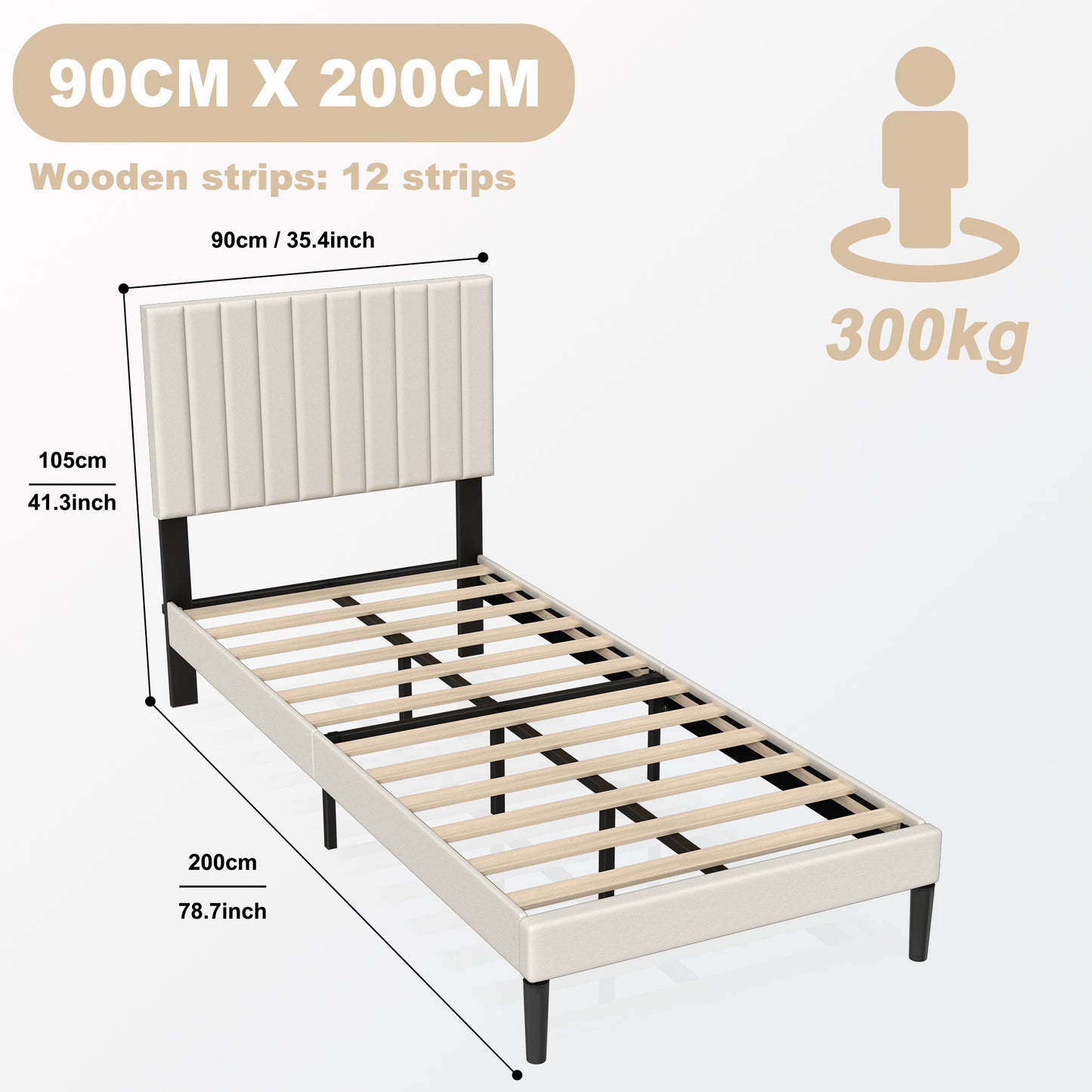 Metalen Bed – Bedframe – Slaapbed – Eenpersoonsbed – Bed Met Hoofdeinde – 90x200 cm – Bekleed Hoofdeinde – 300 kg Draagkracht