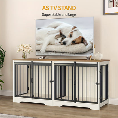 Dubbele Hondenbench – Hondenkooi – Hondenhok – Hondenverblijf – Hondenmand – Wit-Bruin – Met Afneembare Scheidingswand – Duurzaam Houten Meubelstuk