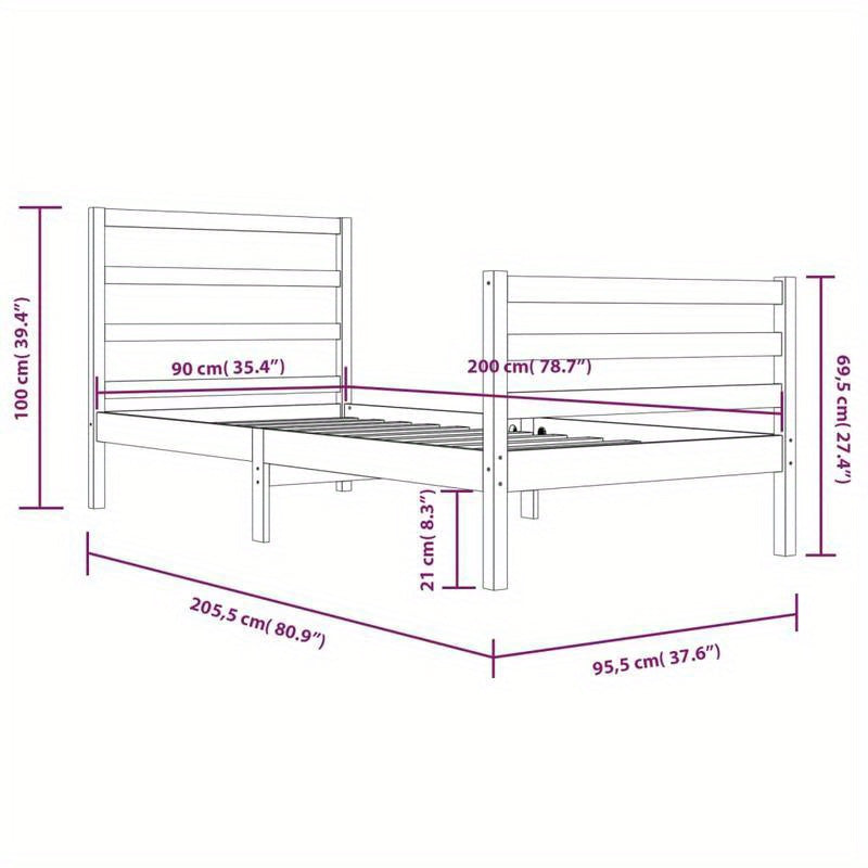 Bed frame in Wood Pine solid 90x200cm Removable and durable